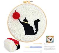 JSRQT Kit para Principiantes para Bordar Gato Kit Aguja Perforadora Punch Needle Kit Bricolaje Kit de Bordado con Aguja Perforada con Aro Herramienta de Punto de Cruz para Adultos Principiantes