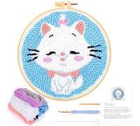 JSRQT Kits de Iniciación de Bordado de Aguja de Perforación,Kit de Aguja Perforadora Bordado,Kit de Arranque Punch Needle para Adultos Principiantes(Gato Blanco)