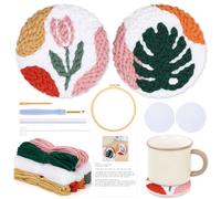 JSRQT Kits de Posavasos con Aguja Perforadora, 2 Piezas Punch Needle Kit con Patrón de Hojas de Flores, Kit de Inicio de Bordado para Principiantes Niños Adultos, con Aro de Bordado, Aguja e Hilos
