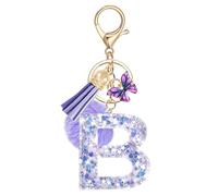 JSRQT Llavero de Letras Púrpura Mariposa Coche para Mujeres Niñas Iniciales B Resina Keyrings Colgante Personalizados Borla Nombre Letra Letter Keychains Moda Alfabeto Encanto Llave Puerta Bolso