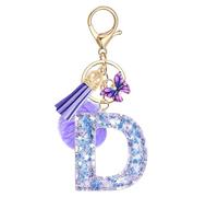 JSRQT Llavero de Letras Púrpura Mariposa Coche para Mujeres Niñas Iniciales D Resina Keyrings Colgante Personalizados Borla Nombre Letra Letter Keychains Moda Alfabeto Encanto Llave Puerta Bolso