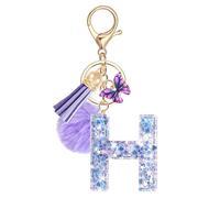 JSRQT Llavero de Letras Púrpura Mariposa Coche para Mujeres Niñas Iniciales H Resina Keyrings Colgante Personalizados Borla Nombre Letra Letter Keychains Moda Alfabeto Encanto Llave Puerta Bolso