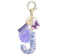 JSRQT Llavero de Letras Púrpura Mariposa Coche para Mujeres Niñas Iniciales J Resina Keyrings Colgante Personalizados Borla Nombre Letra Letter Keychains Moda Alfabeto Encanto Llave Puerta Bolso