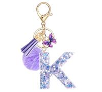 JSRQT Llavero de Letras Púrpura Mariposa Coche para Mujeres Niñas Iniciales K Resina Keyrings Colgante Personalizados Borla Nombre Letra Letter Keychains Moda Alfabeto Encanto Llave Puerta Bolso
