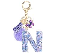 JSRQT Llavero de Letras Púrpura Mariposa Coche para Mujeres Niñas Iniciales N Resina Keyrings Colgante Personalizados Borla Nombre Letra Letter Keychains Moda Alfabeto Encanto Llave Puerta Bolso