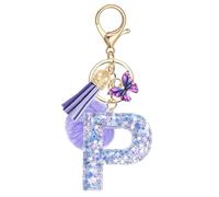 JSRQT Llavero de Letras Púrpura Mariposa Coche para Mujeres Niñas Iniciales P Resina Keyrings Colgante Personalizados Borla Nombre Letra Letter Keychains Moda Alfabeto Encanto Llave Puerta Bolso