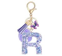 JSRQT Llavero de Letras Púrpura Mariposa Coche para Mujeres Niñas Iniciales R Resina Keyrings Colgante Personalizados Borla Nombre Letra Letter Keychains Moda Alfabeto Encanto Llave Puerta Bolso