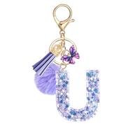 JSRQT Llavero de Letras Púrpura Mariposa Coche para Mujeres Niñas Iniciales U Resina Keyrings Colgante Personalizados Borla Nombre Letra Letter Keychains Moda Alfabeto Encanto Llave Puerta Bolso