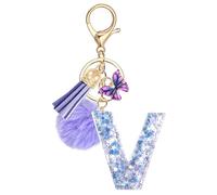JSRQT Llavero de Letras Púrpura Mariposa Coche para Mujeres Niñas Iniciales V Resina Keyrings Colgante Personalizados Borla Nombre Letra Letter Keychains Moda Alfabeto Encanto Llave Puerta Bolso