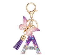 JSRQT Llavero Letra Inicial A, Llavero Letras Alfabeto de Resina con Lentejuelas Moradas para Mujeres y Niñas con Colgante de Borla Mariposa, Keychain Bolso Charm para Bolsos Mochilas Decor de Llaves