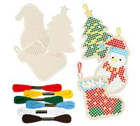 JSRQT Navidad Kits Punto de Cruz Madera 5 Piezas Inicio Bordado Navideño Llaveros para Niños Principiantes Alce Fiesta Papá Noel Actividad Manualidades Decoración MuñEco Copos Nieve Hilos Bordar