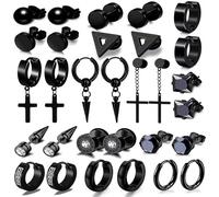 JSTHHTT 15 Pares Pendientes Hombre, Piercing Ear Bisel Redondo, Pendientes Negro para Hombres, Cruz Colgante Set