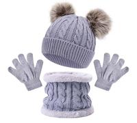 JSTHHTT 3 in 1 Conjunto de Gorro Bufanda y Guantes Niños, Térmico Pompón Beanie Gorro, Sombrero de Punto Invierno Cálido con Pompon, para Niños Niñas 2-4 Años