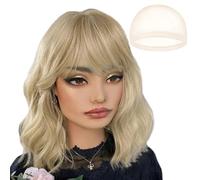 JSTHHTT 35 cm Peluca Rubia, Ondulada Rubio Peluca con Flequillo, para Mujeres Rizada Sintético Natuaral Resistente al Calor Pelucas de Cabello