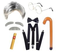 JSTHHTT 9 Piezas Disfraz de Abuelo Kit, Disfraz de Anciano con Peluca Old Man Grandpa Dress Up Set para Hombre, Accesorios Para Disfraces De Anciano para Fiesta Halloween Navidad Carnaval