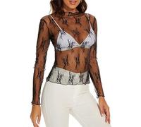 JSTHHTT Mujer Camiseta Transparente Negro Sexy Manga Largas Mesh Tops Negro Casual Camisas tee Pullover Mesh Sheer Shirt Sexy Malla Top Slim Elegante Clubwear