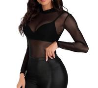 JSTHHTT Mujer Camiseta Transparente Negro Sexy Manga Largas Mesh Tops Negro Sexy Malla Top Slim Elegante Clubwear Casual Camisas tee Pullover Mesh Sheer Shirt