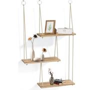 JSUOEO Estantes colgantes para pared, estante flotante de madera bohemio de 3 niveles, decoración de pared, colgador de plantas pequeñas con cuerda para dormitorio, sala de estar, cocina, guardería