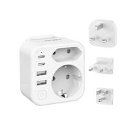 JSVER Adaptador de Enchufe Universal con 3 Enchufes Reemplazables Tipo B/G/C y 2 Enchufes de CA,4 Puertos USB, Cargador para España, EE. UU., Reino Unido, UE/Estados Unidos/Canadá/México (Blanco)