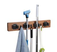 JSVER Colgador Escobas y Fregonas,Soporte Escobas Pared Madera con 4 Posiciones y 3 Ganchos Moderno Colgador Escoba Organizador Escobas para Cocina, Garaje, Jardin
