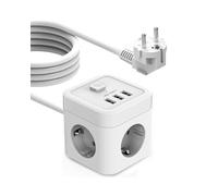 JSVER Cubo Enchufes 5M con 3 Puertos de USB y 3 Tomas Regleta USB 3680W/16A Proteccion Sobretension Enchufe Alargador Multiple Carga Rapida para Samsung iPad iPhone Tablets -Blanco