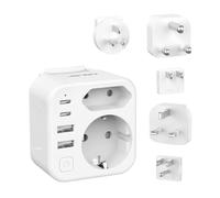 JSVER Enchufe de Viaje Universal,Adaptador de Enchufe Universal con 5 Enchufes Reemplazables Tipo A/B/G/I/M Cargador con 2 Enchufes de CA para Reino Unido,Australia,Japón,Sudáfrica,USA(Blanco)