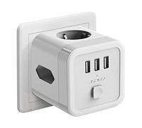 JSVER Enchufe Pared USB, Cubo con 3 Tomas y 3 Puertos USB, Ladron Regleta (1 Schuko Europeo de 2 Pines+2 Enchufes EU) Proteccion Sobretension Alargador para iPad iPhone Tablets Blanco