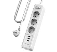 JSVER Enchufe USB 3m con 3 Puertos de USB y 3 Tomas (3680 W/16 A) Alargador Regleta Enchufe Viajar Alargador Multiple con Interruptor Carga para iPad iPhone Tablets Cable 3m-Blanco