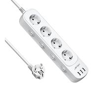 JSVER Enchufe USB con 3 Puertos de USB y 4 Tomas Regleta con Interruptor Individual Enchufe Alargador Multiple(3680W 16A),montado en la Pared -Cable 2m Blanco
