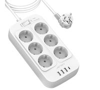 JSVER Proteccion Sobretension Regleta USB,Regleta 4 Puertos de USB(3 USB A+1 USB C) y 6 Tomas Regleta Enchufe Alargador Multiple Carga para iPad iPhone Tablets - Cable 3m-Blanco