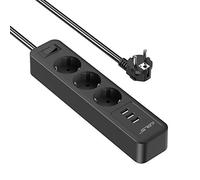 JSVER - Regleta, 3 Tomas, 3 Puertos USB, Cargador de Viaje (5 V, 4 A, 3680 W, 16 A), pararrayos y Protectores contra sobretensiones, Cable de 2 m, para Smartphone, hogar y Oficina, Negra