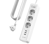 JSVER Regleta con USB 5m, Regleta Enchufes 3680W 16A con 3 USB Smart Station de Carga (5V2,4A) 3 Tomas y Interruptor para Viajes en Casa-Blanco