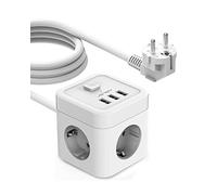 JSVER - Regleta, de Cubo, 3 Tomas, 3 Puertos USB, Cargador (3680 W, 16 A), Protector contra sobretensión, pararrayos, Interruptor, Cable de 3 m, Blanca