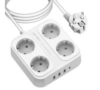 JSVER Regleta Enchufe 3M con 4 Tomas con 3USB A y 1 USB C (5 V/3,4 A),Protección contra Sobretensiones para el hogar, la Oficina y los Viajes Cable 3m-Blanco