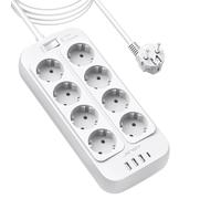 JSVER Regleta Enchufe 3M, Proteccion Sobretensioncon 4 Puertos de USB(3 USB A+1 USB C) y 8 Tomas 3680W 16A Enchufe Alargador para iPad iPhone Tablets-Blanco