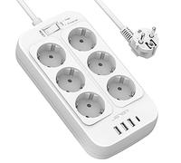 JSVER Regleta Enchufe, 4 Puertos USB (3 USB A + 1 USB C) y 6 Tomas, Protección Sobretensión, Cable 2m - Blanco