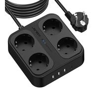 JSVER Regleta Enchufe 5M con 4 Tomas con 3USB A y 1 USB C (5 V/3,4 A),Protección contra Sobretensiones para el hogar, la Oficina y los Viajes Cable 5m-Blanco