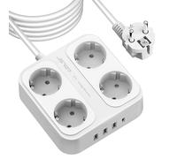 JSVER Regleta Enchufe 5M con 4 Tomas con 3USB A y 1 USB C (5 V/3,4 A),Protección contra Sobretensiones para el hogar, la Oficina y los Viajes Cable 5m-Blanco