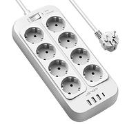 JSVER Regleta Enchufe Alargador con 4 Puertos USB(3 USB A+1 USB C) y 8 Tomas(3680W) Protección Sobretensión Multiple Carga para iPad iPhone Tablets,Cable 2m-Blanco