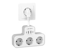JSVER Regleta Enchufe de 3 Tomas Con 4 Puertos USB (2 A, 2 C) - Ladrón Enchufes Eléctrico (3680W 16A) Para Hogar, Oficina y Viajes - Blanco
