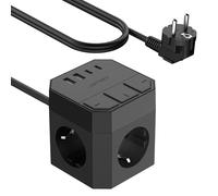 JSVER Regleta Enchufe USB C, Cubo Regleta de 3 Tomas con 3 Interruptor Individualcon, USB 2 C+2 A Alargadera Electrica para el hogar, la Oficina y los Viajes Cable 2m-Negro