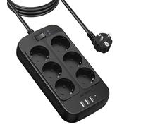 JSVER Regleta Enchufes 3M, Proteccion Sobretension con 6 Toma de Corriente y 4 USB Puertos(5V3,4A) USB Estación de Carga Inteligente USB Tomas Alargadora con Interruptor-Negro