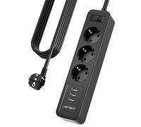 JSVER Regleta Enchufes 5M con 3 Toma de Corriente y 3 USB Puertos Estación de Carga Inteligente Tomas Alargadora con Cable 5m-Negro
