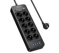 JSVER Regleta Enchufes Con 10 Tomas de Corriente y 4 Puertos USB (5V3,1A/15,5W), 3680W 16A, Interruptor, Cable 2m - Para Viajes y Casa - Negro