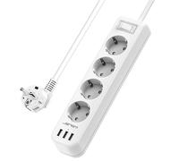 JSVER Regleta Enchufes Con 4 Tomas y 3 Puertos USB, 3680W/16A, Carga Rápida Para Samsung iPad iPhone Tablets, Cable 1,5m - Blanco