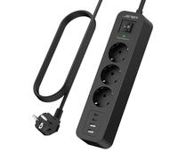JSVER Regleta Enchufes con USB C, Proteccion Sobretension con 3 Toma de Corriente y 4 Puertos(5V3.4A) Estación de Carga Inteligente Tomas Alargadora con Cable 2m-Negro