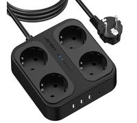 JSVER Regleta Enchufes Proteccion Sobretension 4 Tomas Corrientes y 4 Rápida USB Tomas, Regleta USB 3680W/16A con Interruptor y Protección contra Sobrecargas, Cable de 3M-Negro