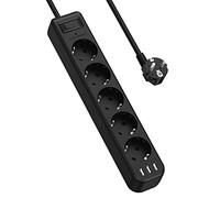 JSVER Regleta Enchufes USB, Proteccion Sobretension con 5 Toma de Corriente y 3 USB Puertos Estación de Carga Inteligente Tomas Alargadora con Cable 1,8m para Viajes en Casa-Negro