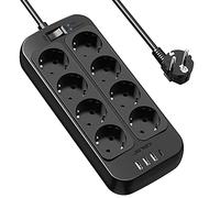 JSVER Regleta Enchufes USB, Proteccion Sobretension con 8 Toma de Corriente y 4 Puertos(5V3,4A) Estación de Carga Inteligente Tomas Alargadora con Cable 1.8m-Negro
