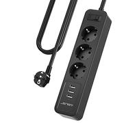 JSVER Regleta Enchufes USB, Regletas electricas con 3 Toma de Corriente y 3 Puertos USB Estación de Carga Inteligente, Tomas Alargadora con Cable 3m-Negro
